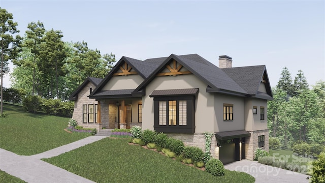 view of front of home featuring stone siding, stucco siding, driveway, and a front lawn