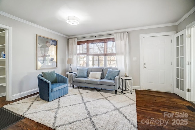 living room with ornamental molding and dark hardwood / wood-style floors