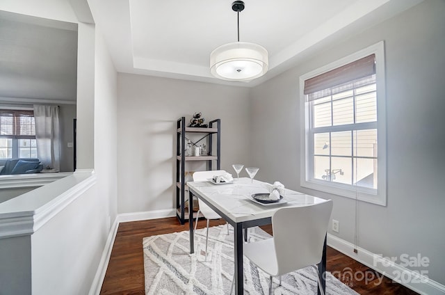 home office featuring plenty of natural light, dark hardwood / wood-style flooring, and a raised ceiling