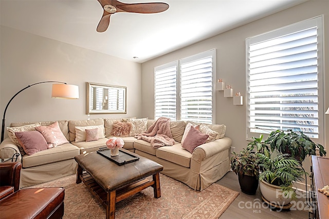 living room featuring ceiling fan and hardwood / wood-style floors