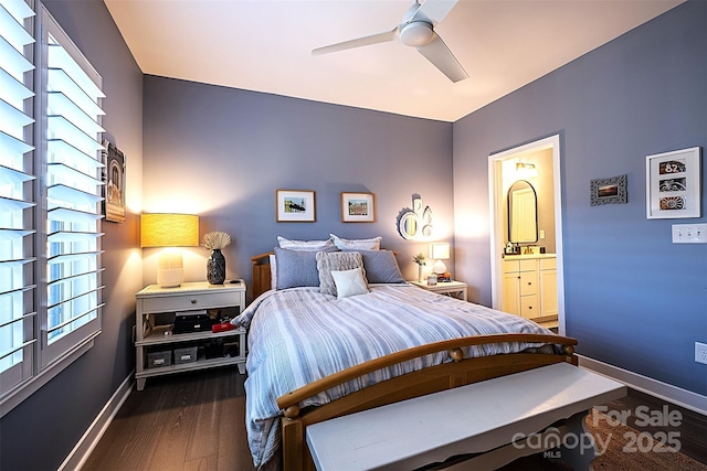 bedroom with ceiling fan, connected bathroom, and dark hardwood / wood-style floors