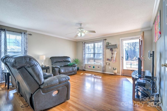 living room featuring crown molding, ceiling fan, hardwood / wood-style floors, and a textured ceiling