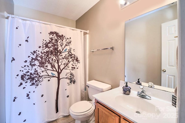 bathroom with toilet, a textured ceiling, vanity, a shower with shower curtain, and tile patterned flooring