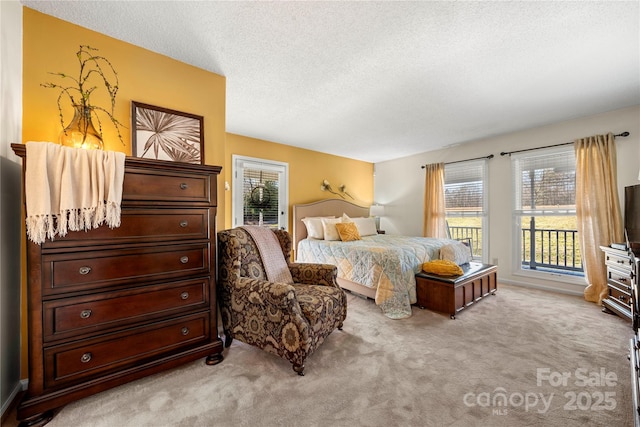 carpeted bedroom featuring access to exterior and a textured ceiling