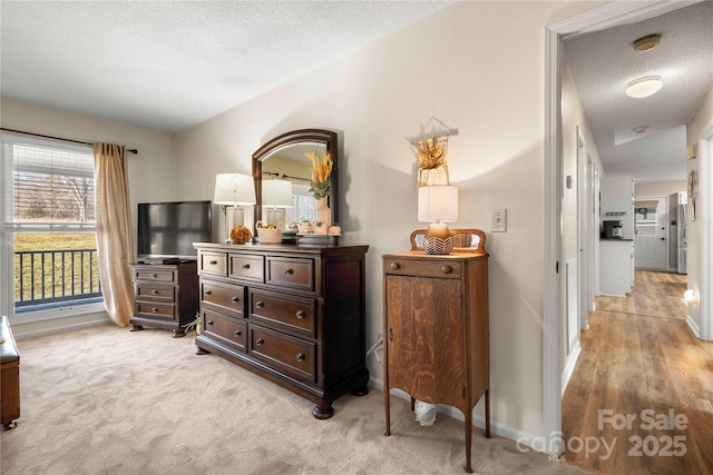 living area featuring light carpet and a textured ceiling