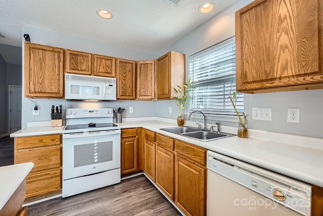 kitchen featuring dark hardwood / wood-style floors, sink, a textured ceiling, and white appliances