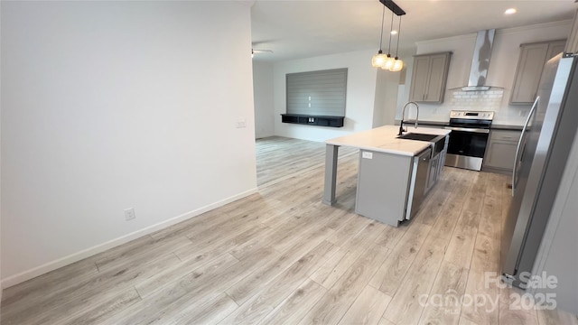 kitchen featuring gray cabinetry, stainless steel appliances, a sink, wall chimney range hood, and a center island with sink