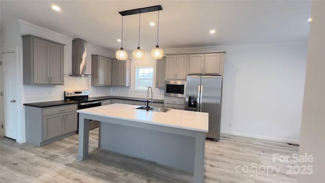 507 E Lackey Farm Rd, Stony Point, NC 28678 - kitchen with appliances with stainless steel finishes, wall chimney range hood, a sink, gray cabinets, and crown molding
