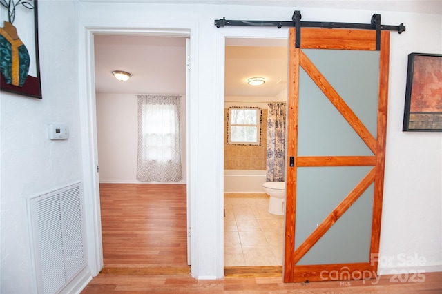 hallway featuring wood-type flooring and a barn door