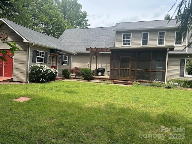 4617 Harbor View Ter, Morganton, NC 28655 - rear view of property with a pergola, a lawn, a sunroom, and a shingled roof