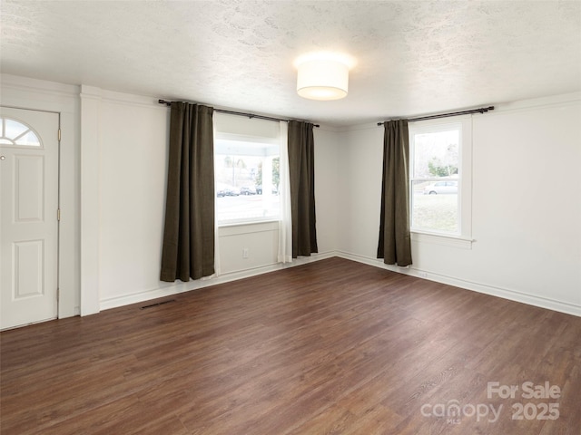 entrance foyer with dark hardwood / wood-style flooring, a textured ceiling, and a wealth of natural light