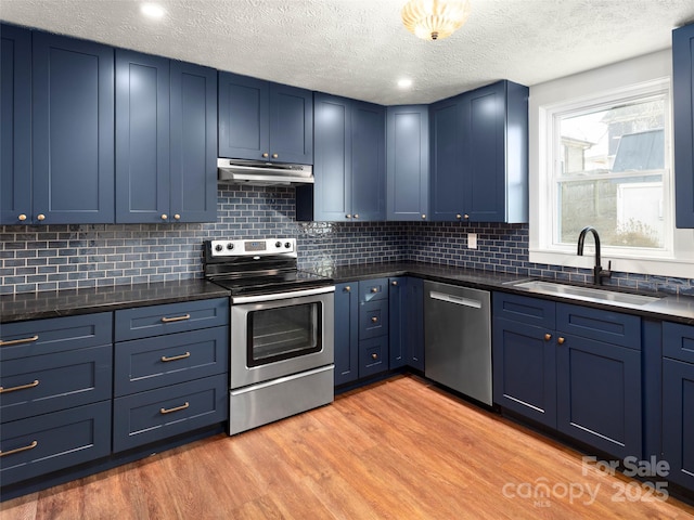 kitchen featuring sink, stainless steel appliances, light hardwood / wood-style floors, and blue cabinets