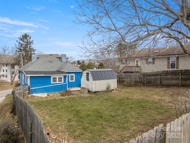 view of property exterior with a storage shed and a yard