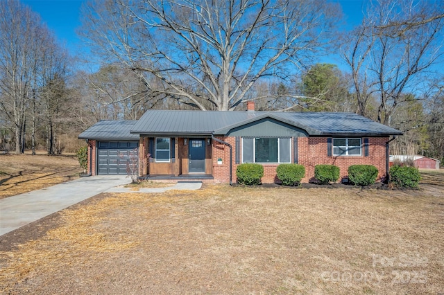 ranch-style house with a garage and a front lawn