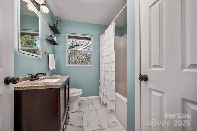 full bathroom with vanity, a healthy amount of sunlight, shower / bathtub combination with curtain, and toilet