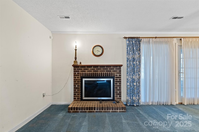 unfurnished living room featuring baseboards, visible vents, a textured ceiling, carpet flooring, and a brick fireplace