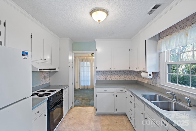 kitchen featuring white appliances, white cabinets, a sink, and under cabinet range hood