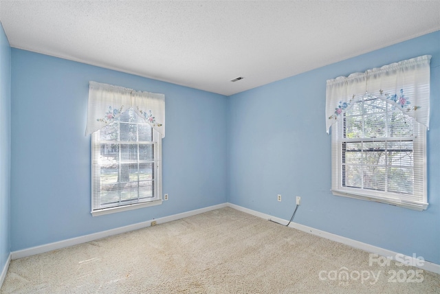 carpeted spare room featuring a healthy amount of sunlight, baseboards, visible vents, and a textured ceiling