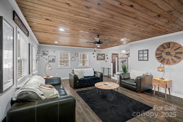 living room with wood ceiling, crown molding, and hardwood / wood-style flooring