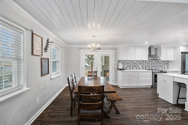 dining room featuring dark hardwood / wood-style flooring, ornamental molding, wooden ceiling, an inviting chandelier, and french doors