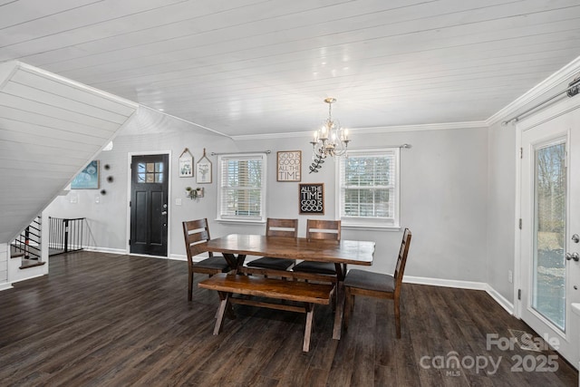 dining area with lofted ceiling, crown molding, dark hardwood / wood-style flooring, wooden ceiling, and a chandelier