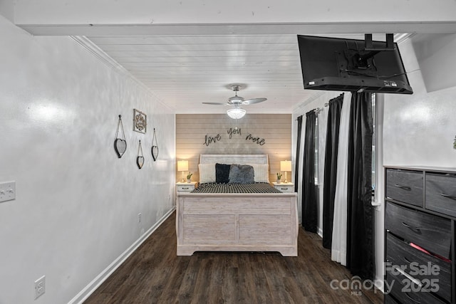 bedroom featuring crown molding, ceiling fan, dark hardwood / wood-style flooring, wooden ceiling, and wood walls