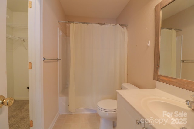 full bathroom with toilet, vanity, and shower / bathtub combination with curtain