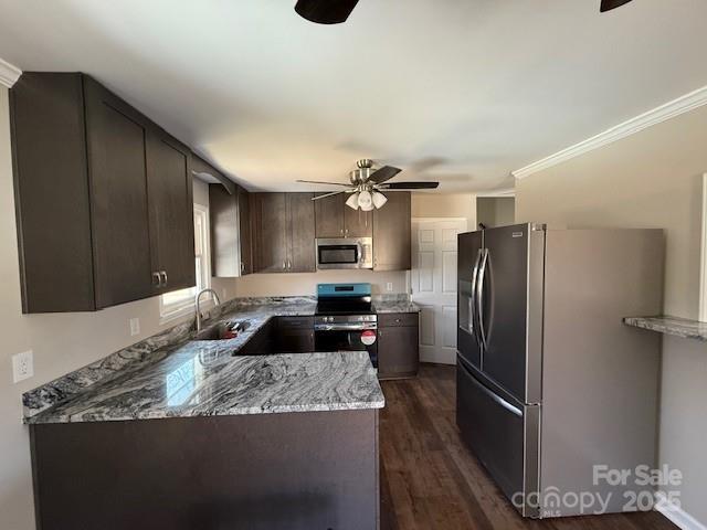 kitchen featuring sink, ceiling fan, stainless steel appliances, dark brown cabinetry, and light stone countertops