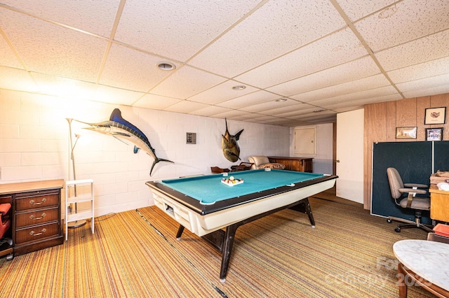 rec room featuring light colored carpet, pool table, and a paneled ceiling