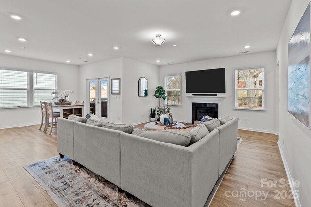 living room with french doors and light wood-type flooring