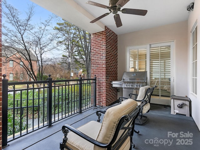 balcony featuring area for grilling and ceiling fan