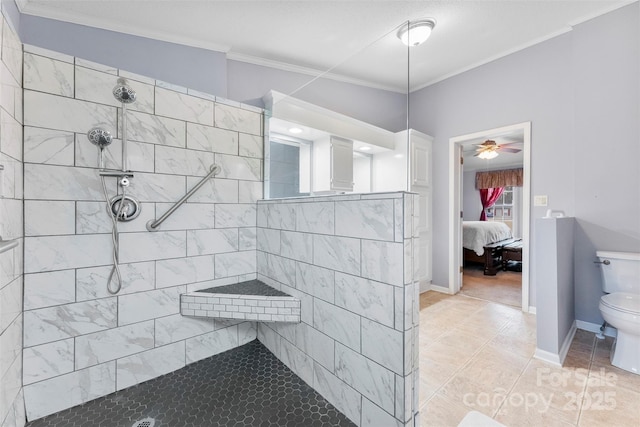 full bathroom with a walk in shower, toilet, and crown molding