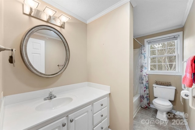 bathroom with a textured ceiling, toilet, vanity, ornamental molding, and shower / bath combination with curtain