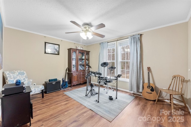 office featuring ceiling fan, a textured ceiling, ornamental molding, and wood finished floors