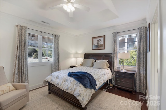 bedroom featuring a raised ceiling, dark hardwood / wood-style flooring, ceiling fan, and multiple windows