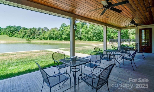 unfurnished sunroom featuring a water view, wooden ceiling, and ceiling fan