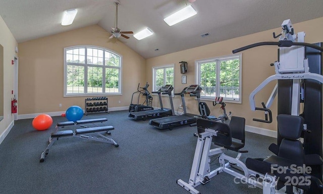 exercise room featuring ceiling fan, lofted ceiling, and plenty of natural light