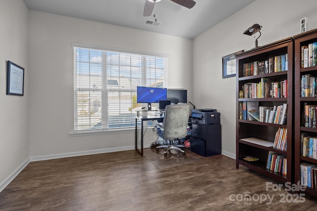 office space with ceiling fan, a healthy amount of sunlight, and dark hardwood / wood-style floors