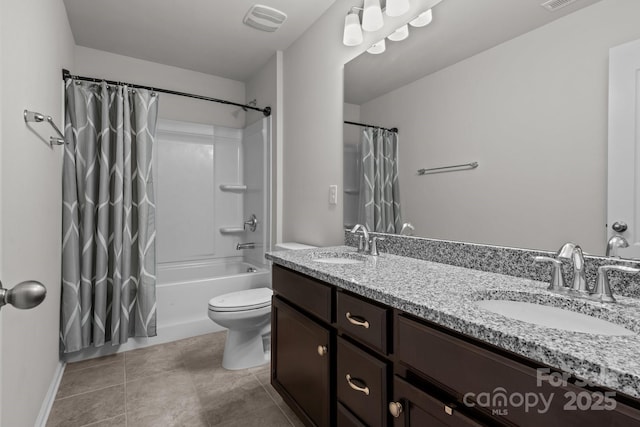 full bathroom featuring tile patterned flooring, vanity, shower / bathtub combination with curtain, and toilet