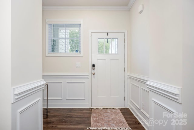 foyer entrance with a wainscoted wall, ornamental molding, dark wood-type flooring, and a decorative wall