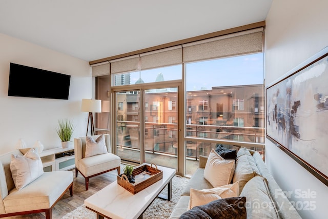living area featuring expansive windows and wood finished floors