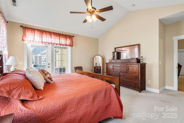 carpeted bedroom with lofted ceiling, access to exterior, french doors, and ceiling fan