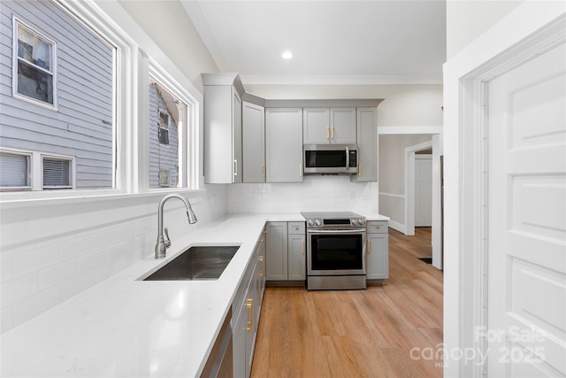 kitchen with sink, gray cabinets, appliances with stainless steel finishes, tasteful backsplash, and light wood-type flooring