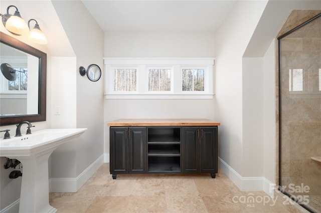 bathroom with a shower with door, sink, and a wealth of natural light