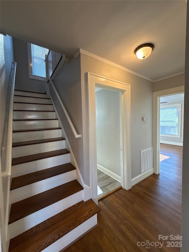 stairs featuring ornamental molding and wood-type flooring