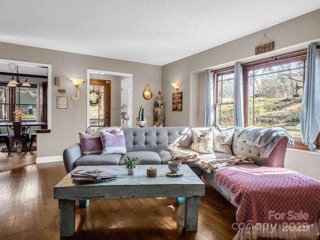 living room with dark hardwood / wood-style flooring