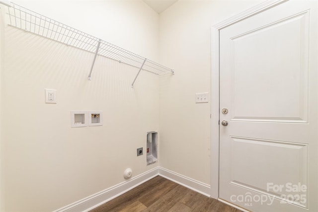 washroom with gas dryer hookup, hookup for an electric dryer, dark hardwood / wood-style floors, and washer hookup