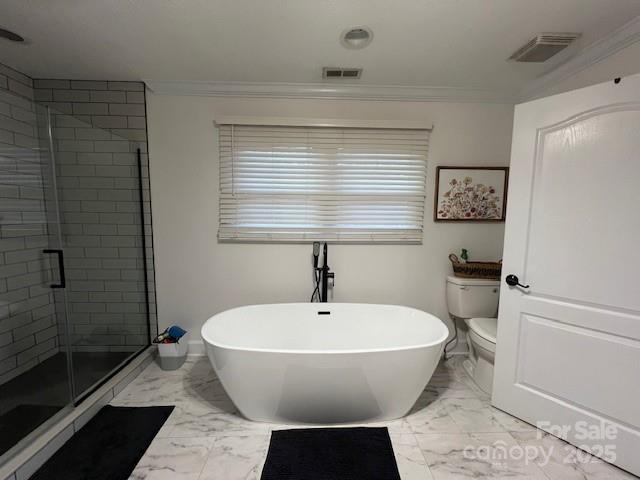 bathroom featuring ornamental molding, toilet, and independent shower and bath