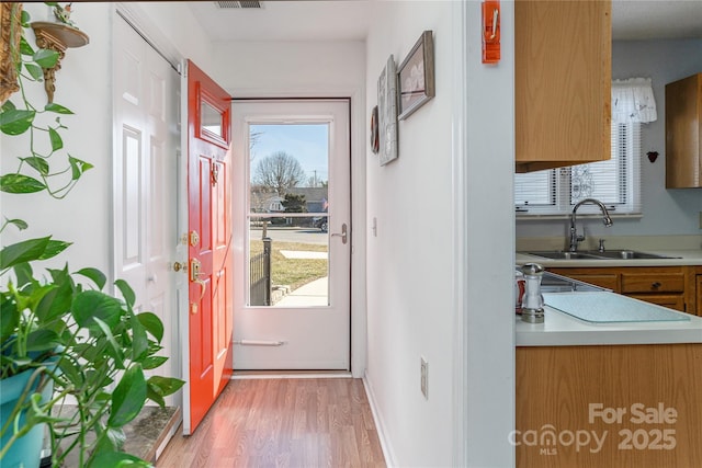 entryway with a healthy amount of sunlight, sink, and light wood-type flooring