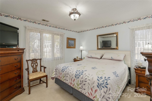 carpeted bedroom with a textured ceiling